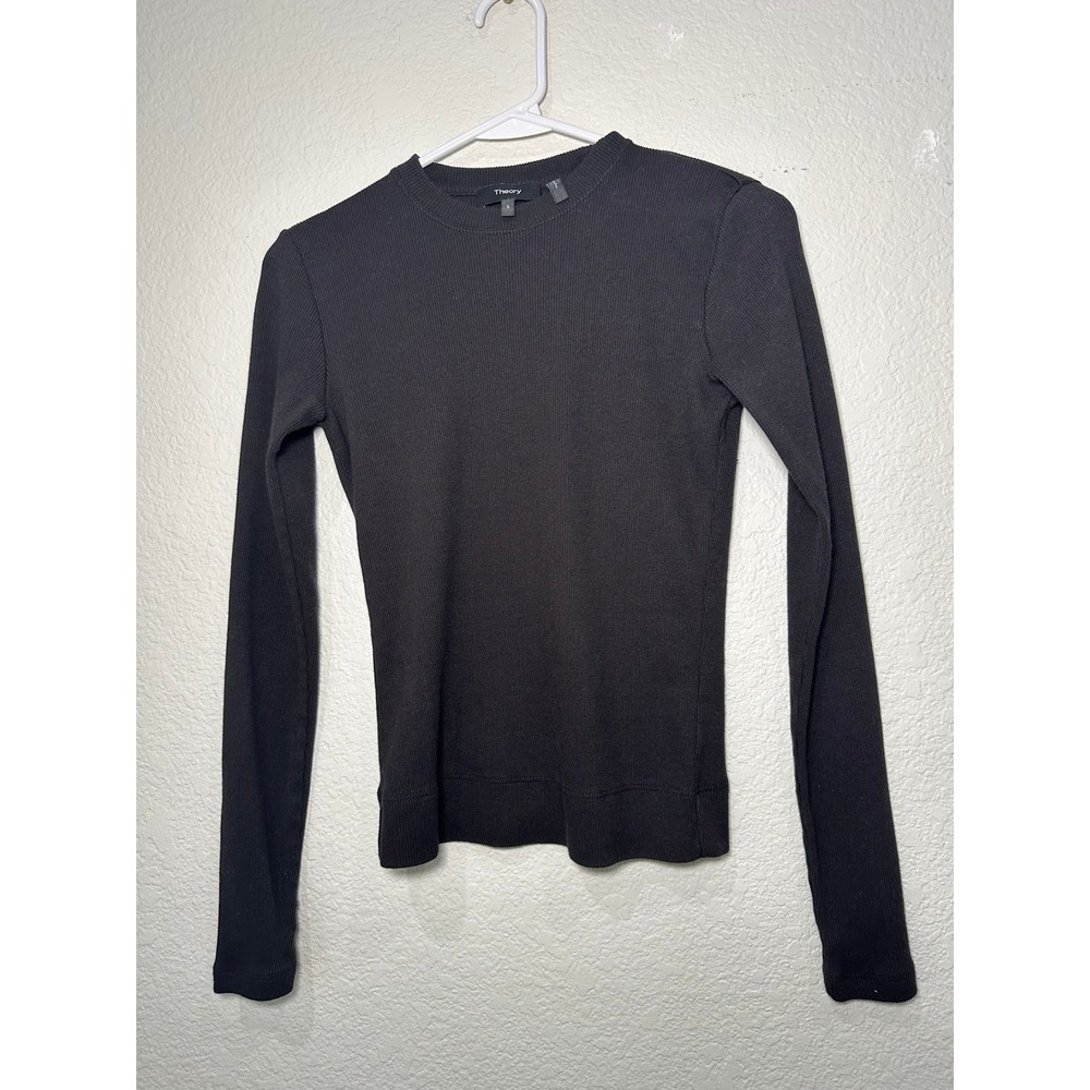 Theory Womens Black Ribbed Knit Long Sleeve Crew Neck Top Size Small